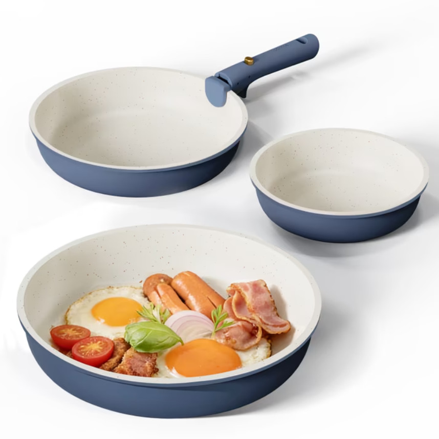 4pc Nonstick Cookware Set w/ Detachable Handles, Stackable Oven Safe Navy Blue
