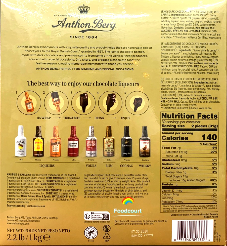 Anthon Berg Dark Chocolate Liqueur Liquor 2.2 Lbs 64 Bottles New Sealed 2025