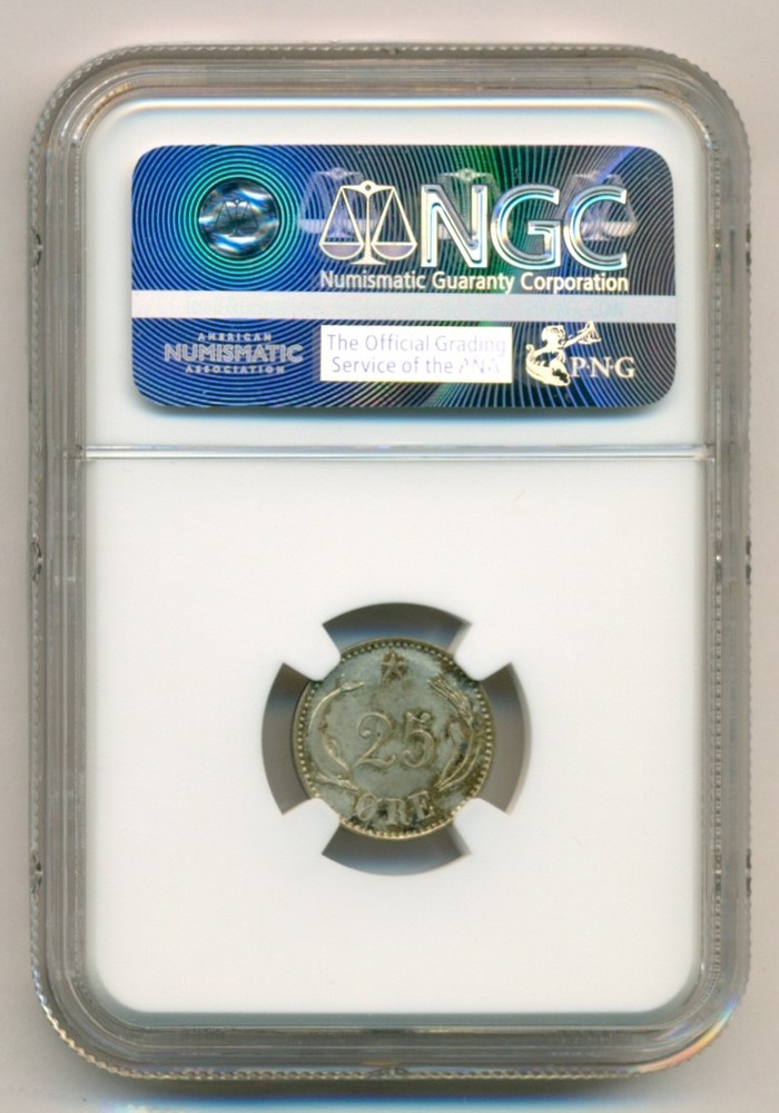Denmark Silver 1891 CS 25 Ore MS65 NGC