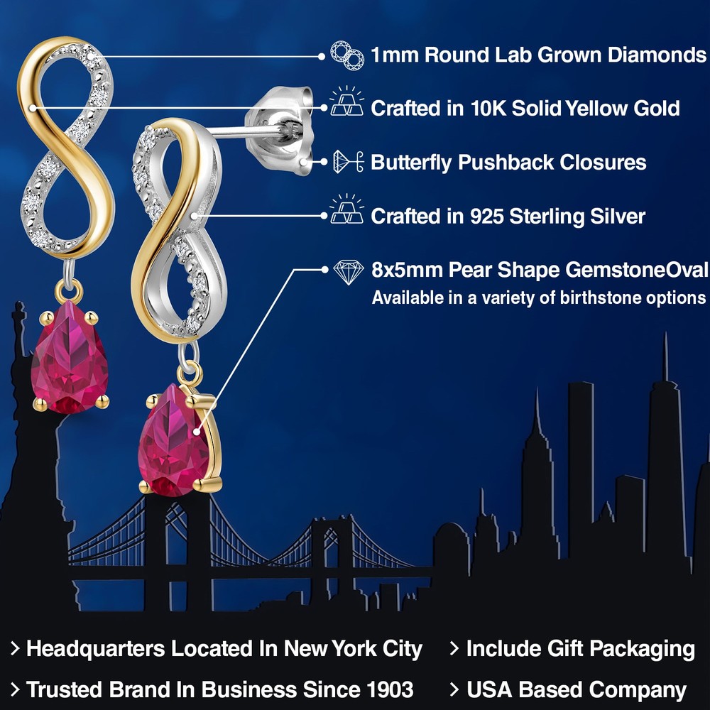 925 Silver and 10K Yellow Gold Created Ruby and Lab Grown Diamond Dangle