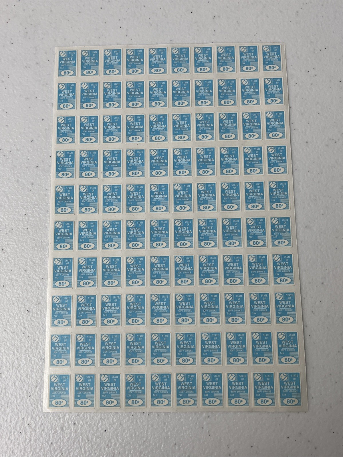 80 cent West Virginia Soft Drinks Tax Stamps Sheet of 100