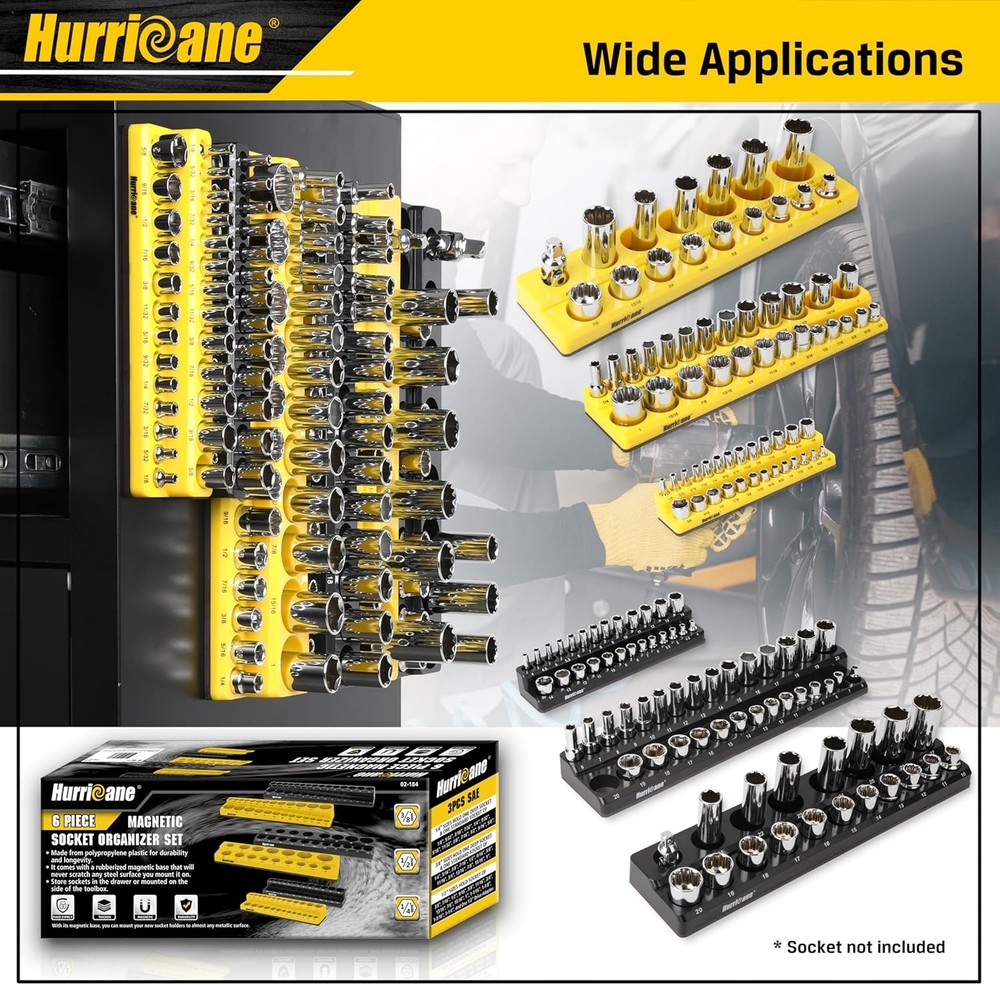 Magnetic Socket Organizer Set, 6 Piece Socket Holder Set Includes 1/4"