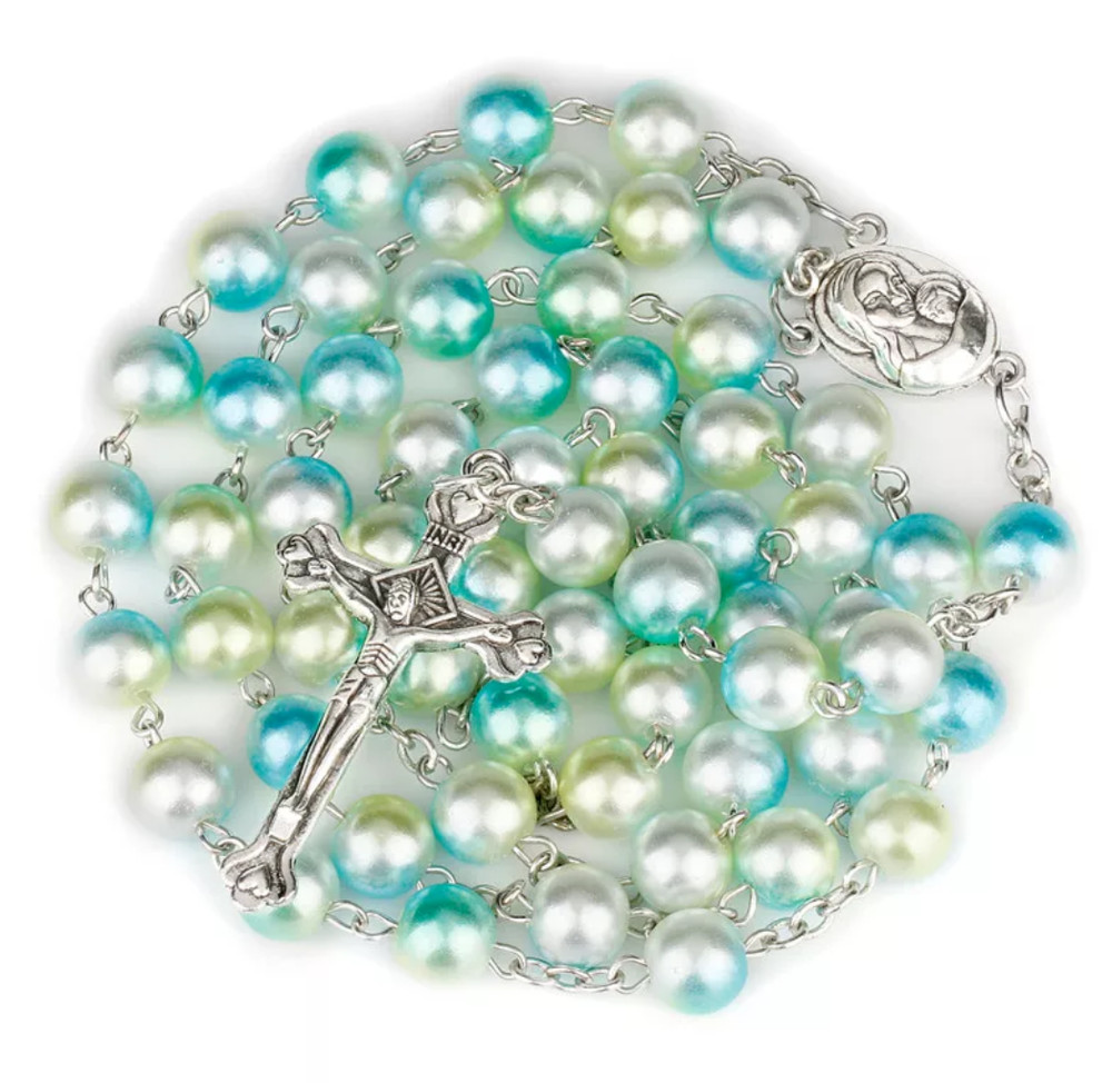 Green Blue Jerusalem Soil Centerpiece Rosary Imitation Pearl 8mm Catholic