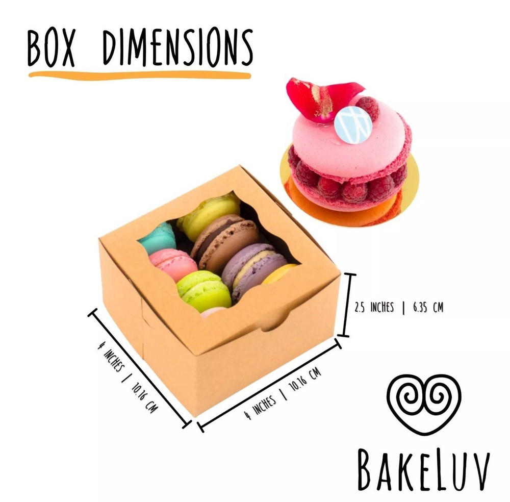100 Pcs 4x4x2.5" Brown Bakery Boxes Window Mini Cake Pastry Boxes