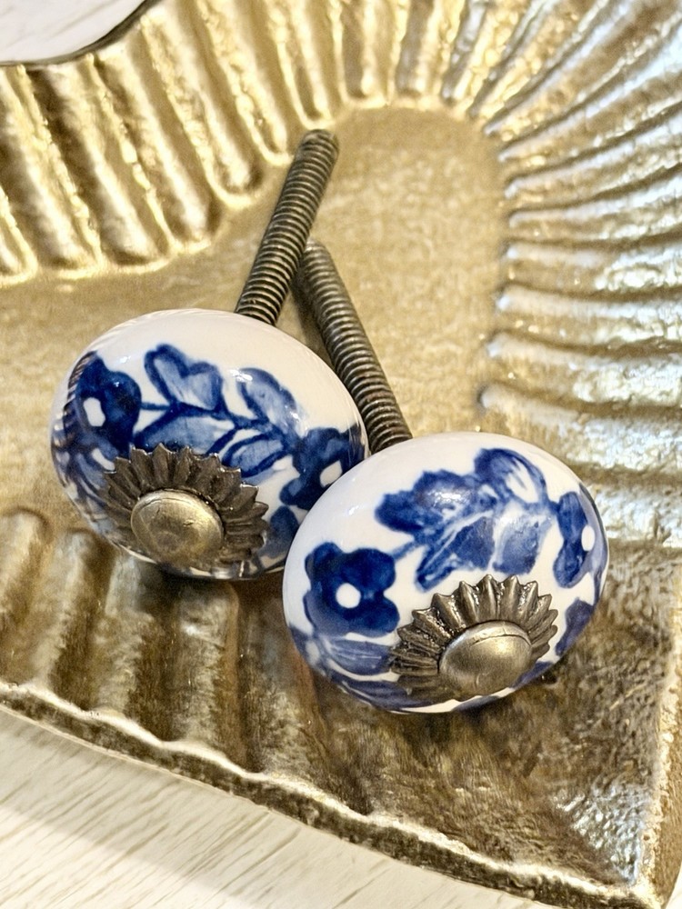 2 White Blue Antique Ceramic Porcelain Brass Drawer Cabinet Knobs Pulls 1.25"