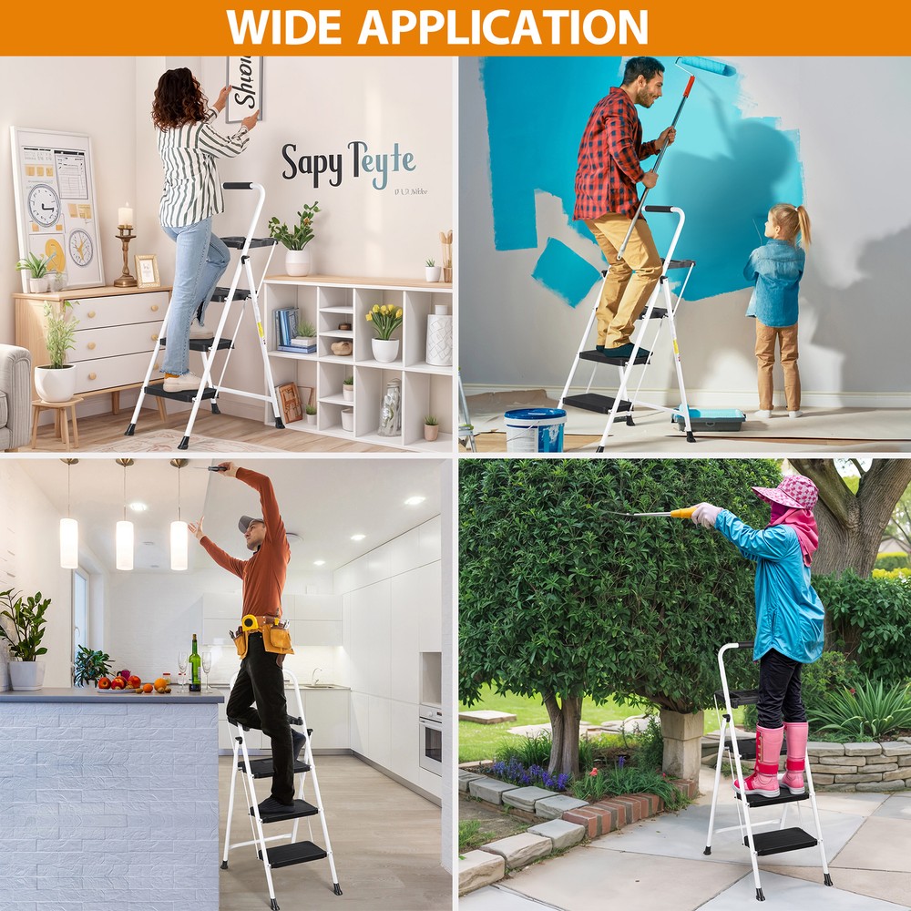 3 Step Ladder with Tool Platform Folding Step Stool with Anti-Slip Pedal White