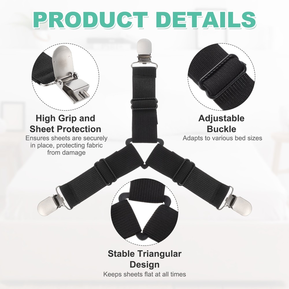 8Pcs Bed Sheet Holder Straps Elastic Adjustable, Black