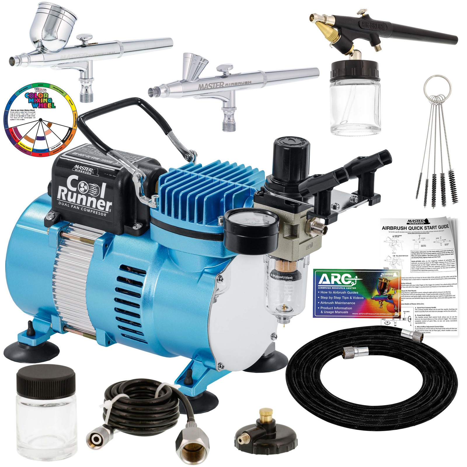 Master 3 Airbrush Dual Fan Air Compressor Professional Kit, Gravity Siphon Feed