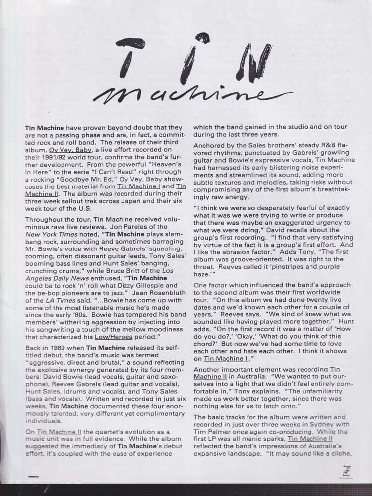 tin machine tin machine II press kit 1991 David bowie