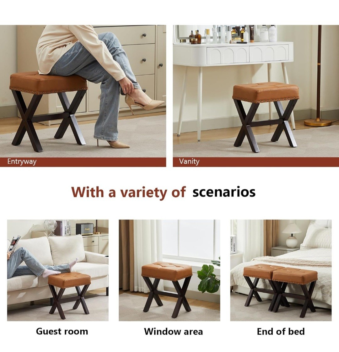Square Makeup Stool with Rivets Wood X-Legs,Modern Vanity Ottoman Chair