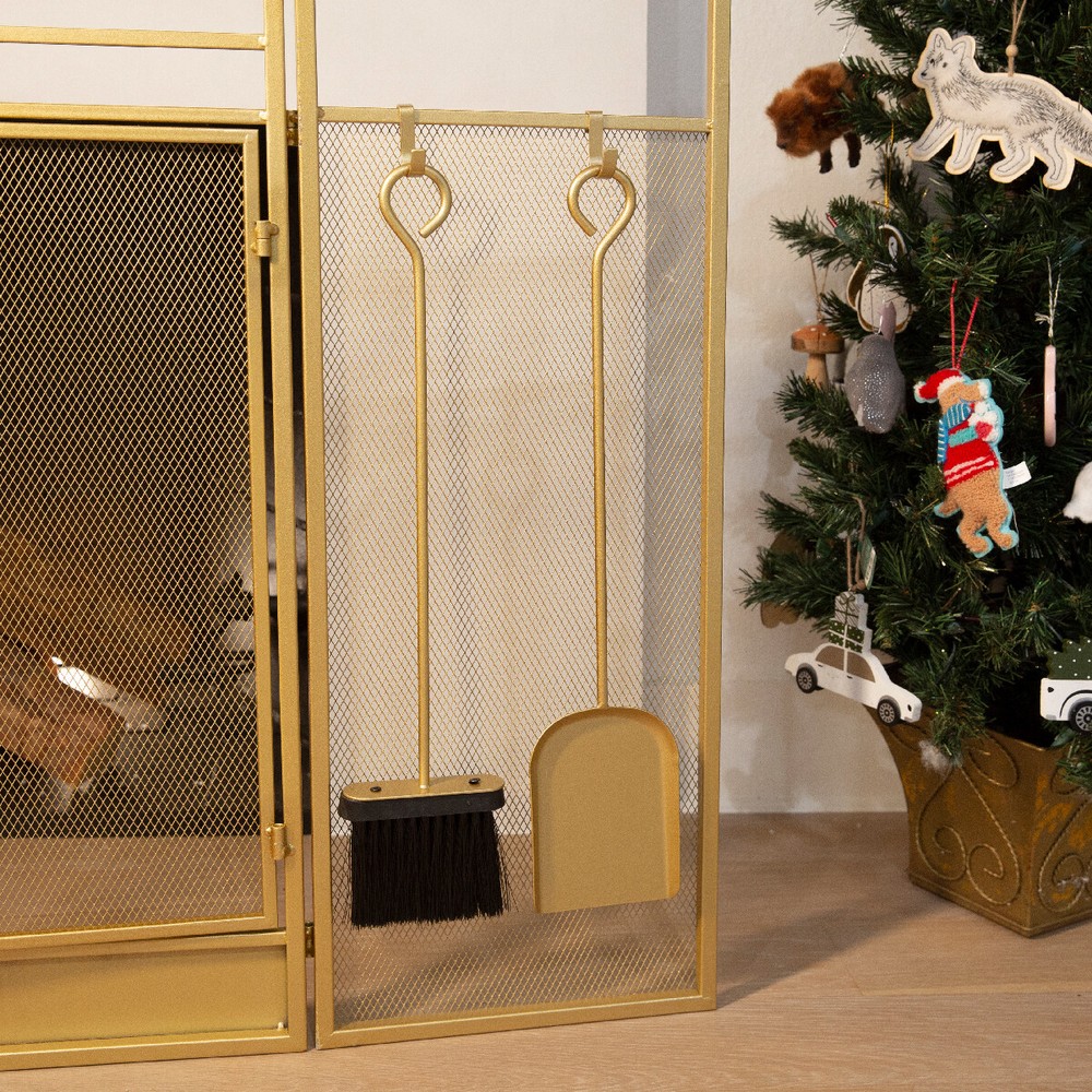 Barton 48" Fireplace Screen 3-Panel Foldable Doors With 4-Pieces Fireplace Tool