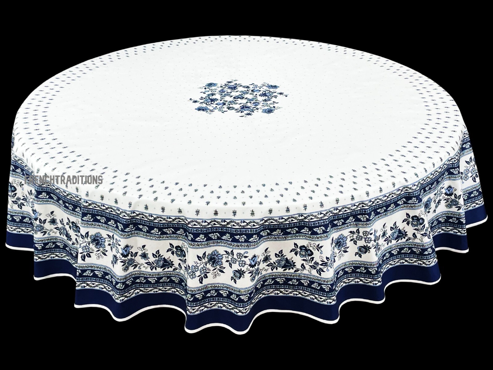 French Provencal Coated Tablecloth Flowers Blue & White 71" Made in France