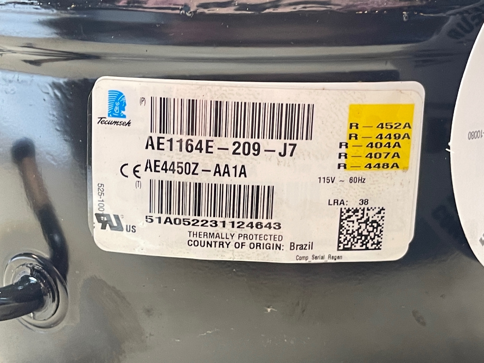 Tecumseh 1/2 Ton 5800BTU Compressor AE1164E-209-J7 AE4450Z-AA1A R404A 115V