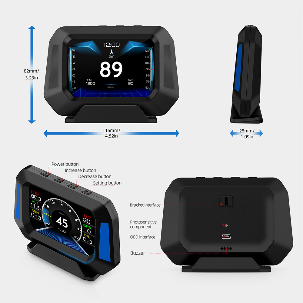 Car Speed Speedometer OBD2+GPS Head Up Display Alarm Water Temp Data Stream P21