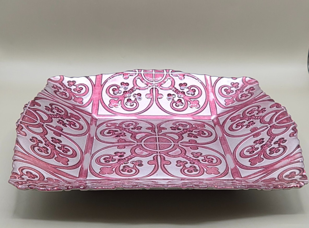 Square Glass Platter Pink & Silver Fleur-de-Lis Damask Scroll Serving Plate