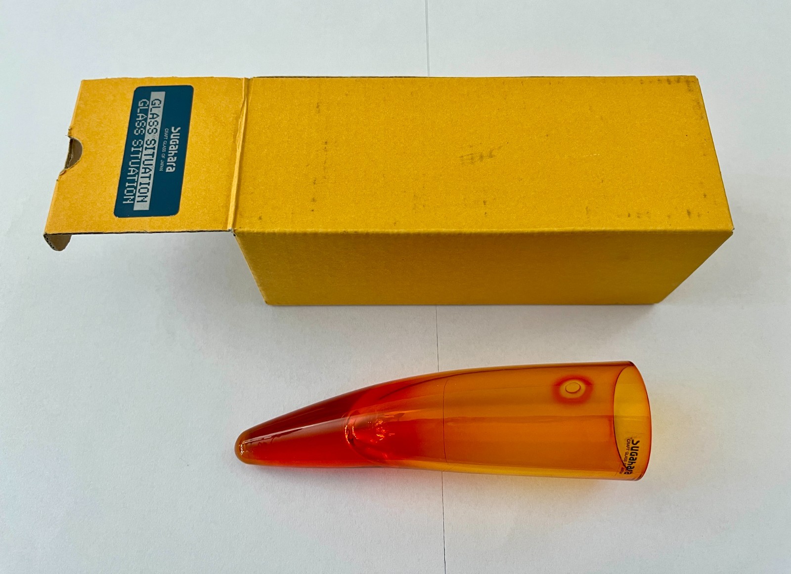 Vintage Sugahara Art Glass Wall Hanging Horn Vase Orange Japan NOS Box