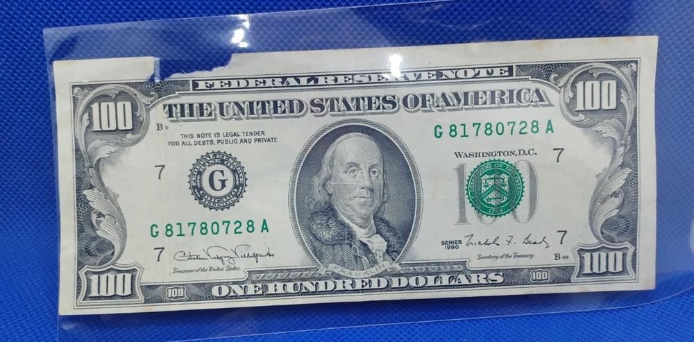 100 dollar bill 1990 Cut off center Error & Excessive ink Error (Piece torn off)