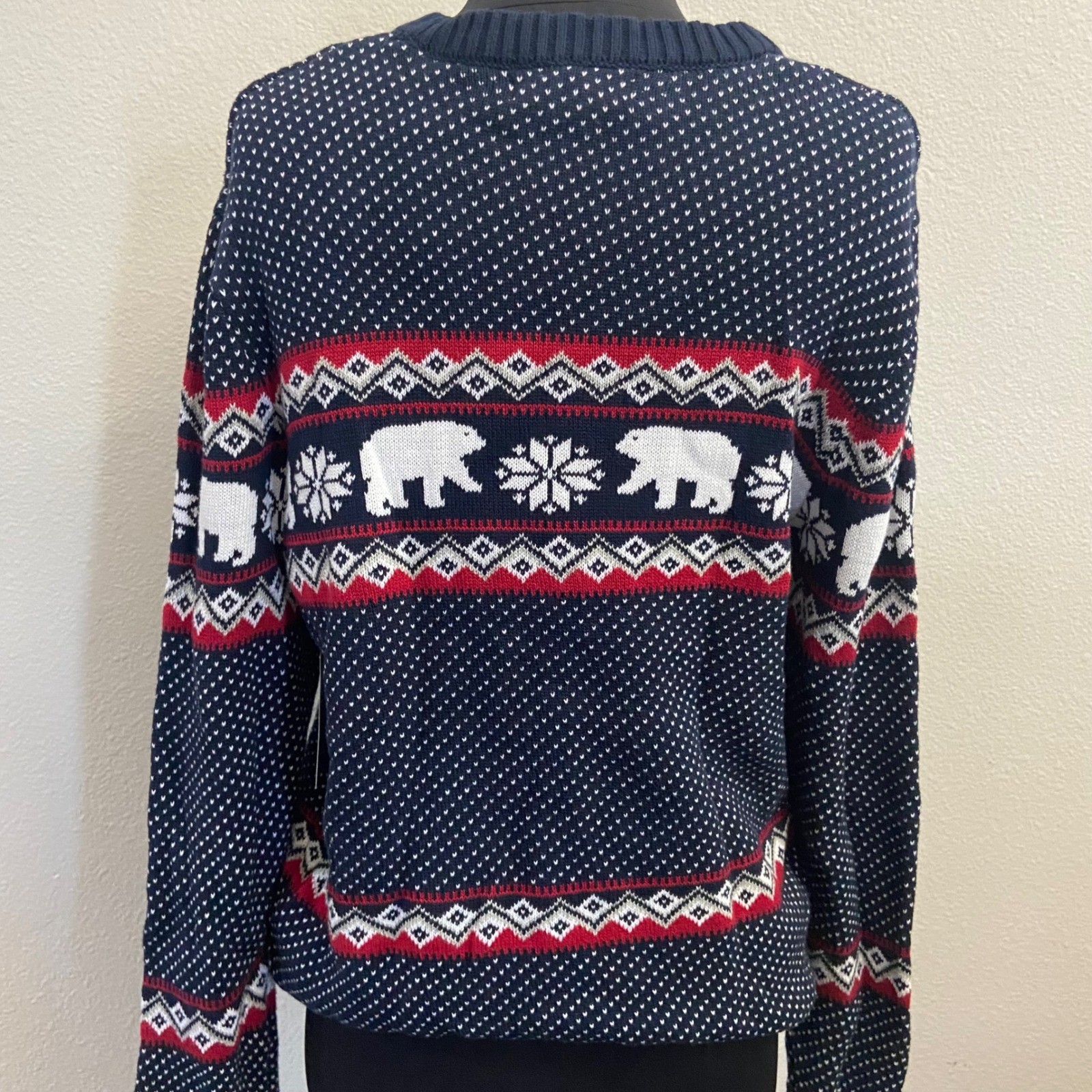 Aspen Mens Medium Polar Bear Christmas Sweater Navy Blue Red White Fair Isle