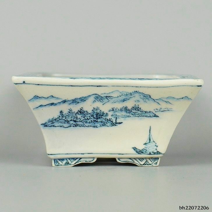 Used Bonsai Pot Hikosanjin Small Rectangular 11cm Blue & White Landscape