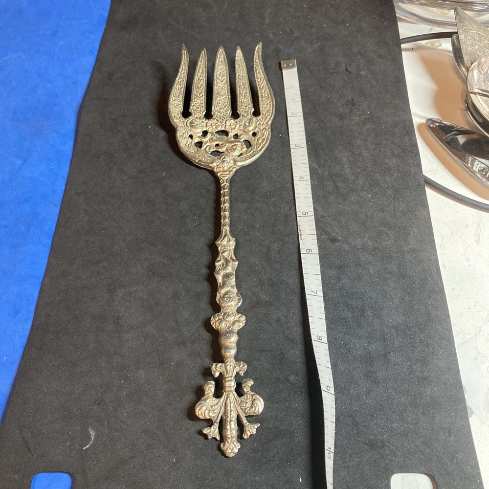 Elaborate Ornate Serving Fork Made In Italy Silver Plate 10”