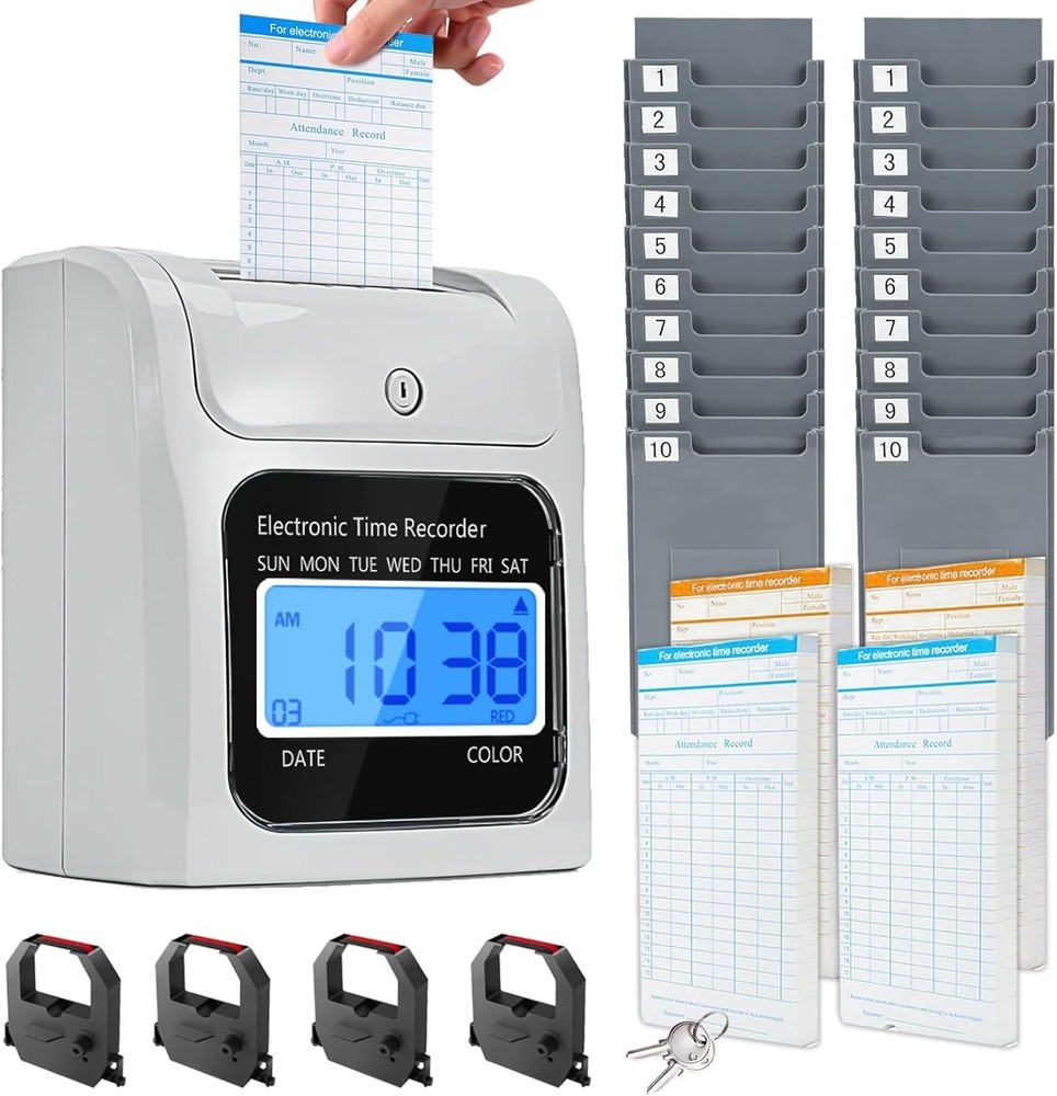 TooCust Time Clock Bundle 200 Cards 4 Ribbons 2 Racks Auto-Align