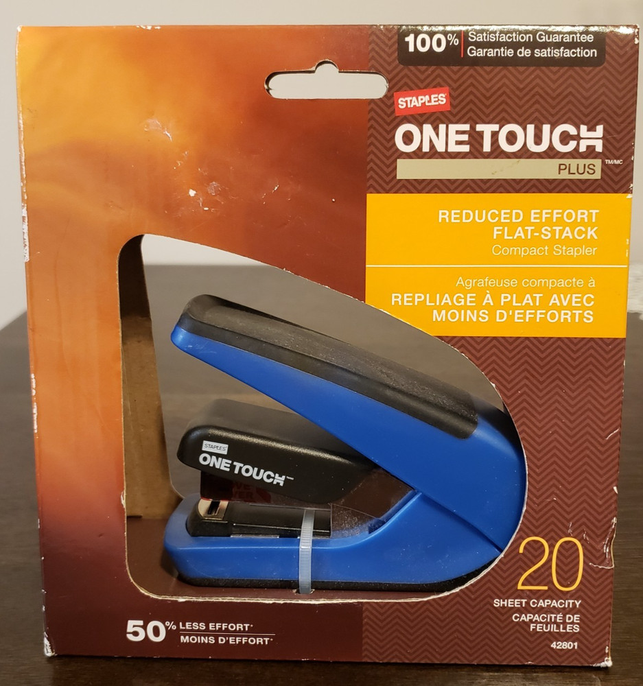 Staples One-Touch Plus Stapler 20 Sheet Capacity Flat-stack comfort grip NEW