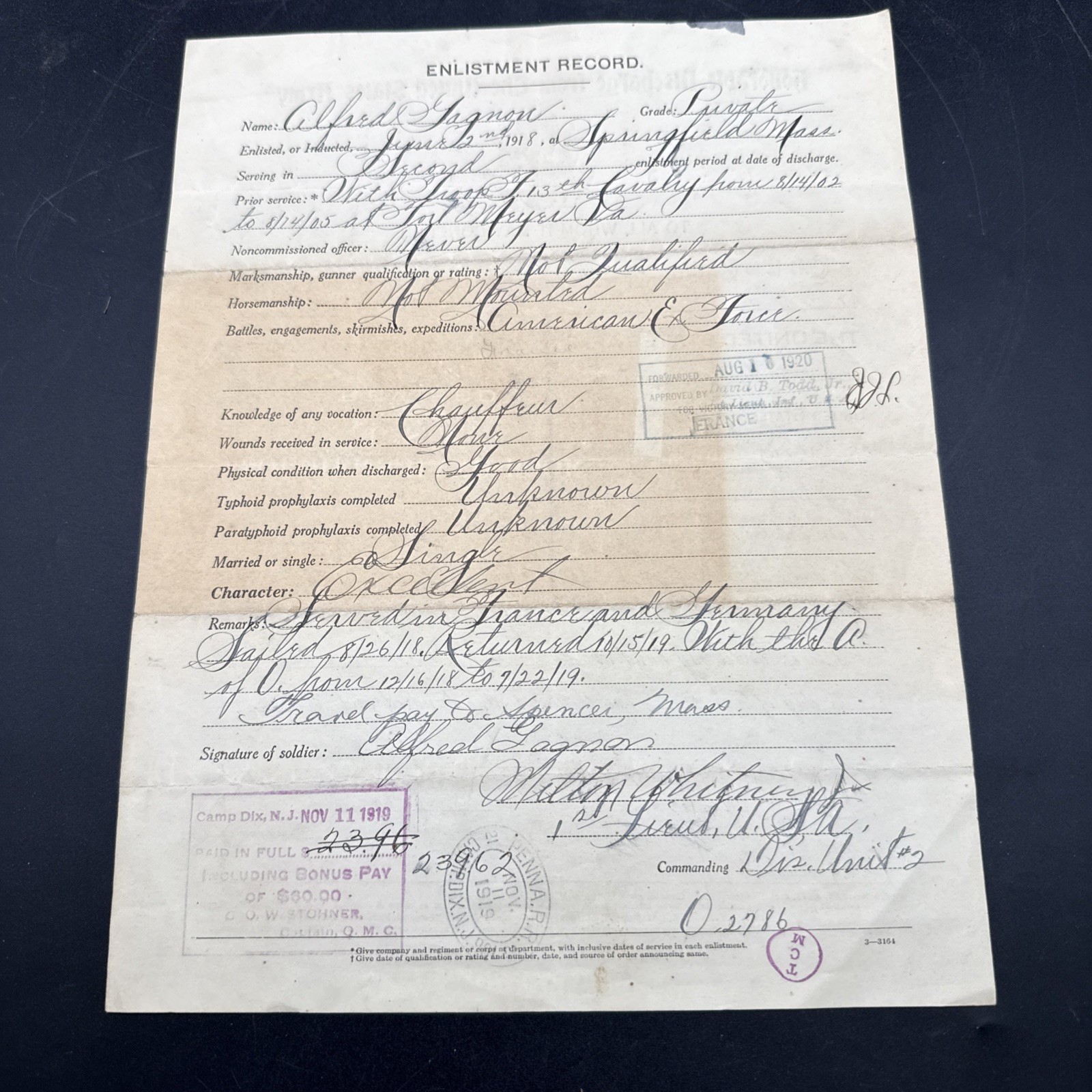 WWI 1918 3rd Infantry Division 6th Engineers Co. B Honorable Discharge Army AEF