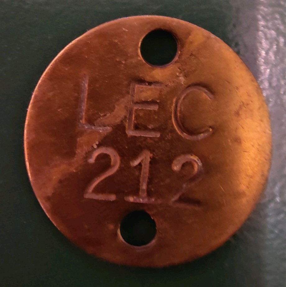 Miners Colliery Pit Check Tally Token marked LEC 212