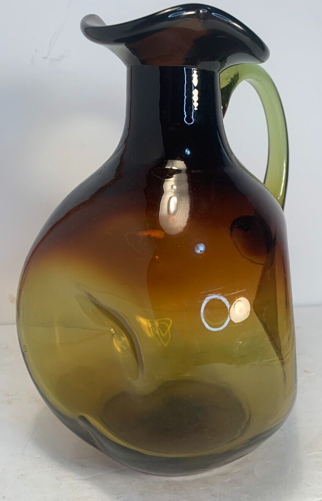 Handblown Glass Decorative Pitcher, Indented Design, Brown/Ambe