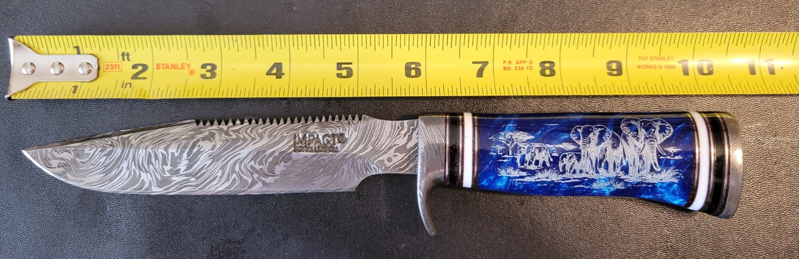 Impact Cutlery Custom Damascus Hunting Knife Engraved Blue Resin handle- 2399