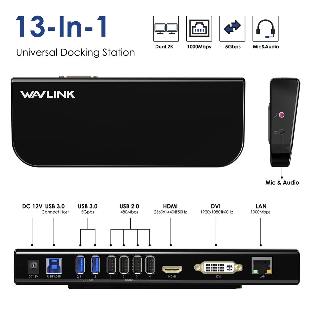 WAVLINK USB Laptop Docking Station Dual Monitors, DisplayLink Computer Dock ...