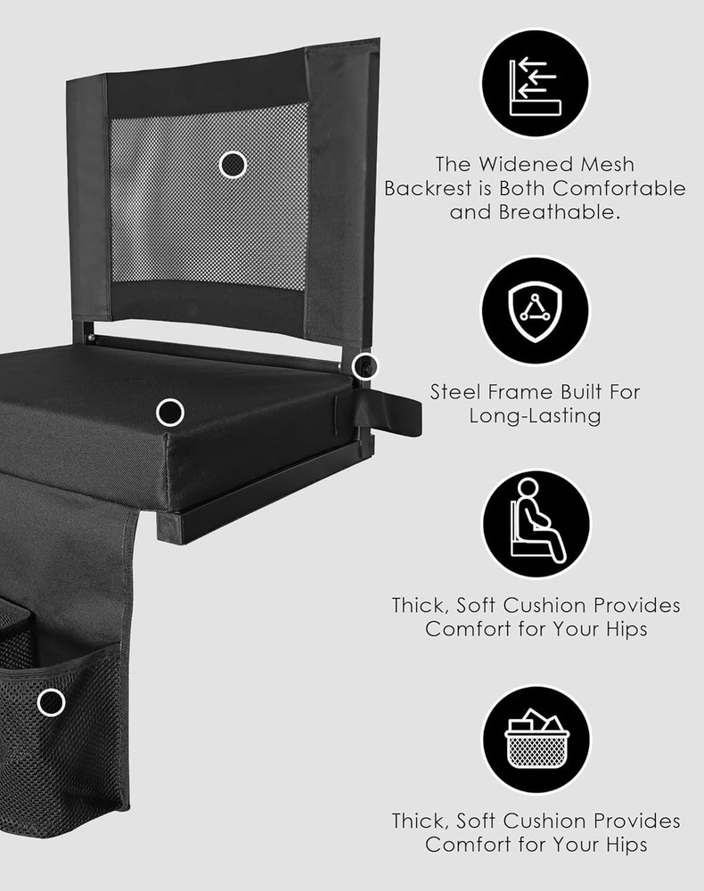Foldable Bleacher Seat with Back Support & Magnetic Grip