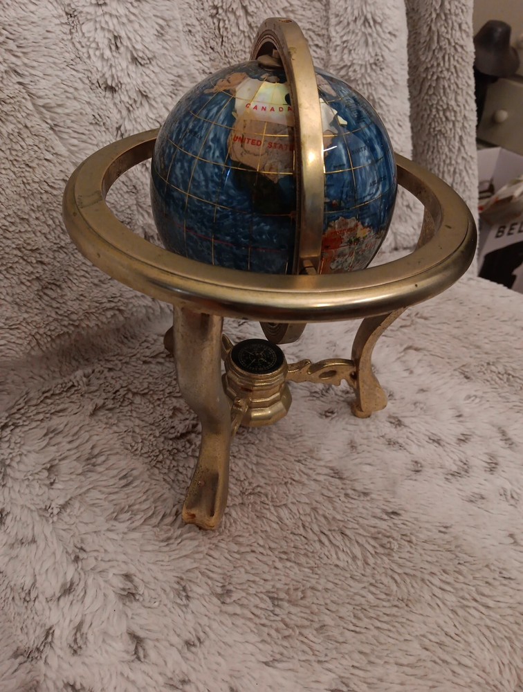 Gemstone Inlay Tabletop World Globe With Brass Frame & Compass 9" Tall