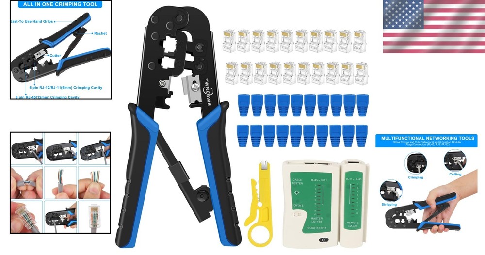 Professional RJ45 Crimp Tool Kit with Wire Stripper & Cable Tester Included