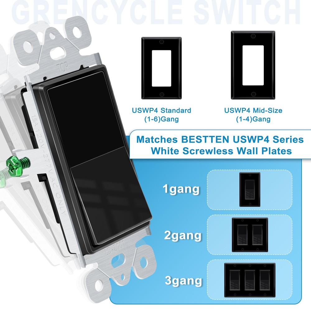 Black Single Pole Rocker Light Switch 15A Multi-Gang Compatible UL Listed 8PCS