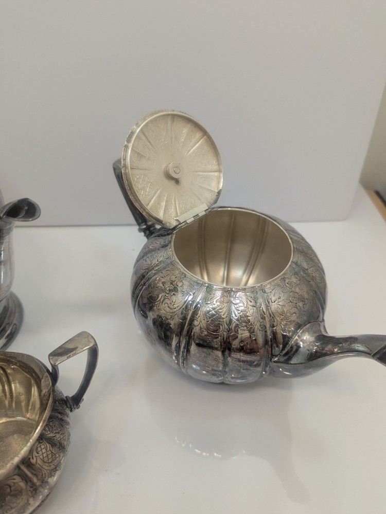 Antique Victorian Silverplate Tea Coffee Set Floral Engraved Serving Set...G6