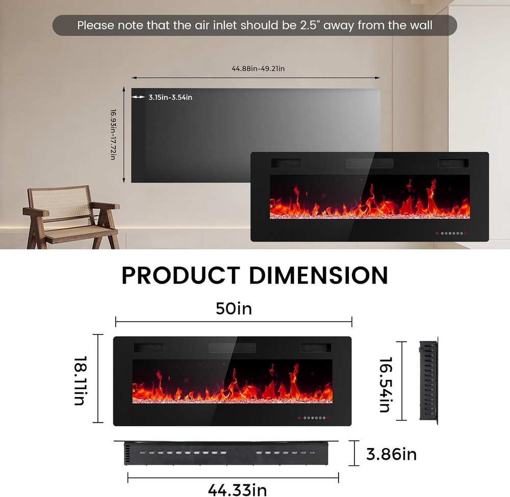 50" Wall Mounted Electric Fireplace with Remote Control & Adjustable Flame Color