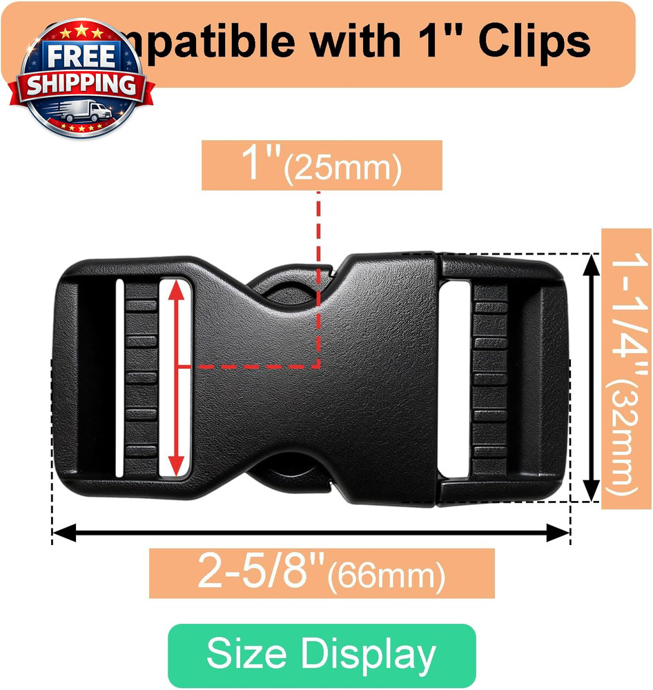 6 Pack 1" Quick Release Plastic Buckles for Backpack Straps & Webbing
