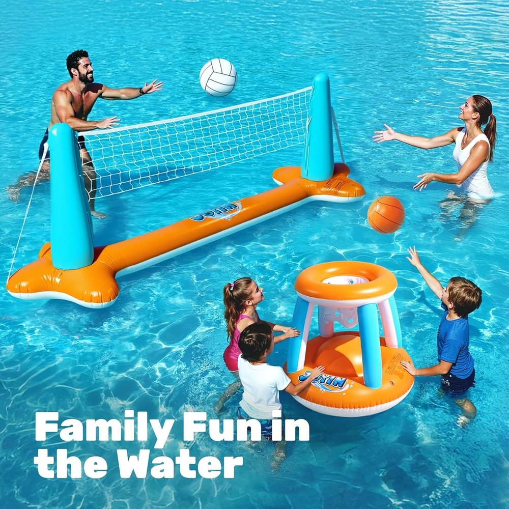 Durable Inflatable Pool Float Set with Volleyball & Basketball for Summer Games