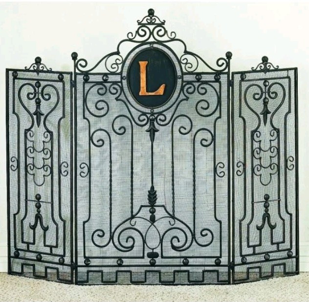 Burnished Gold Iron Custom Made Monogrammed Shield Decorative Fireplace Screen