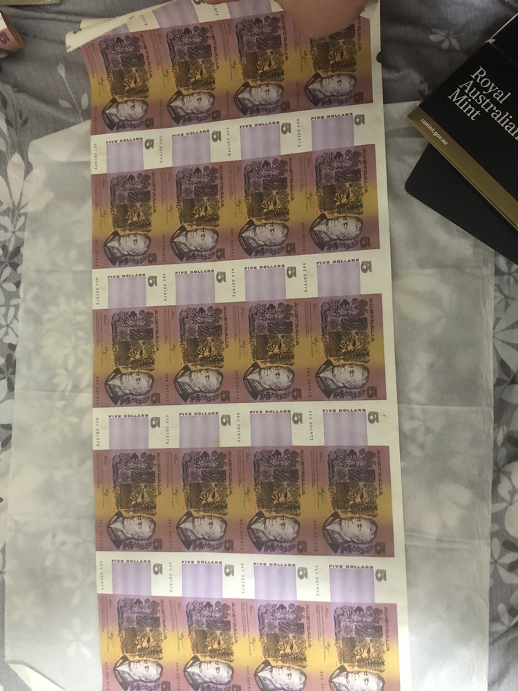 1990 Australia $5 BankNote Uncut 20pc Sheet,