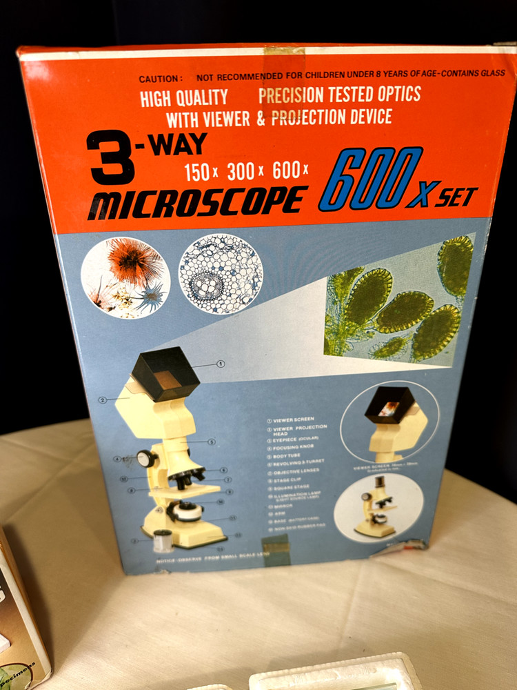 Precision Tested Optics 3 Way Microscope 600× Set with Sears Prepared Slides