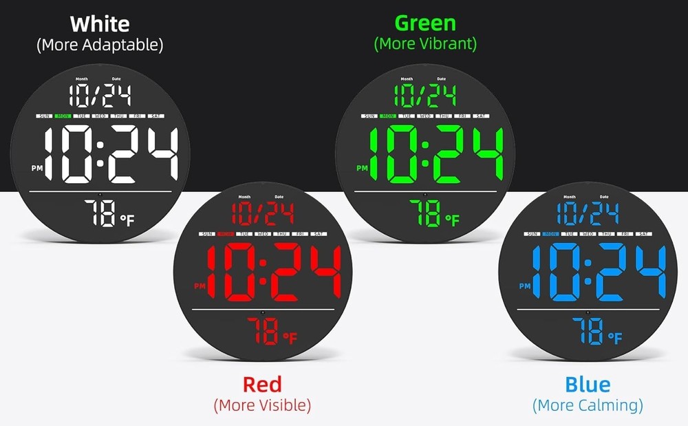 Digital LED Wall Clock w/ Large Display, Date, Temp, Auto-Brightness - 80 Charac