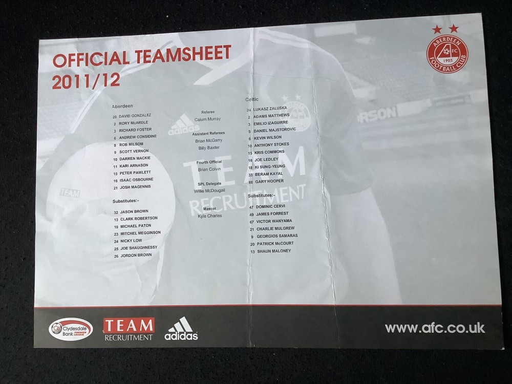 2011/12 Aberdeen v Celtic August teamsheet