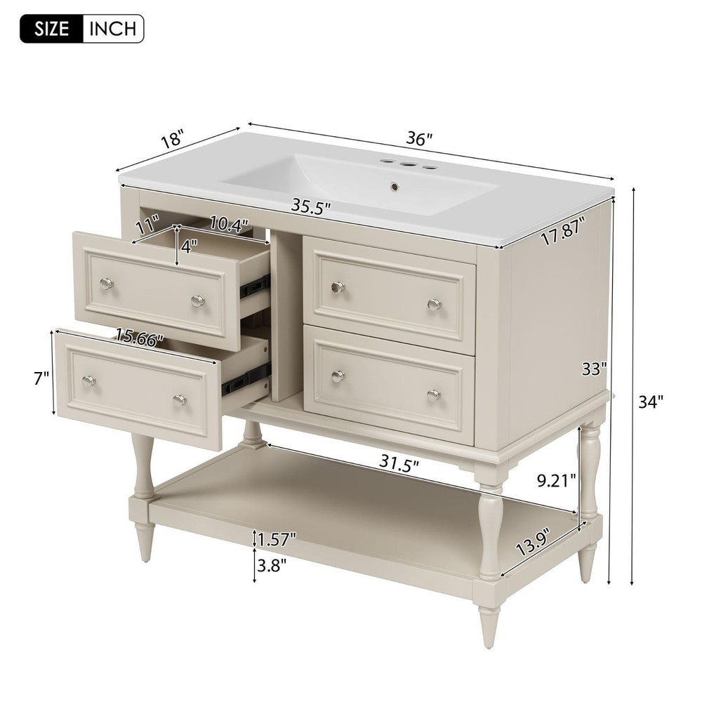 36'' Beige Bathroom Vanity Cabinet Set with Ceramic Sink, Solid Wood Frame,