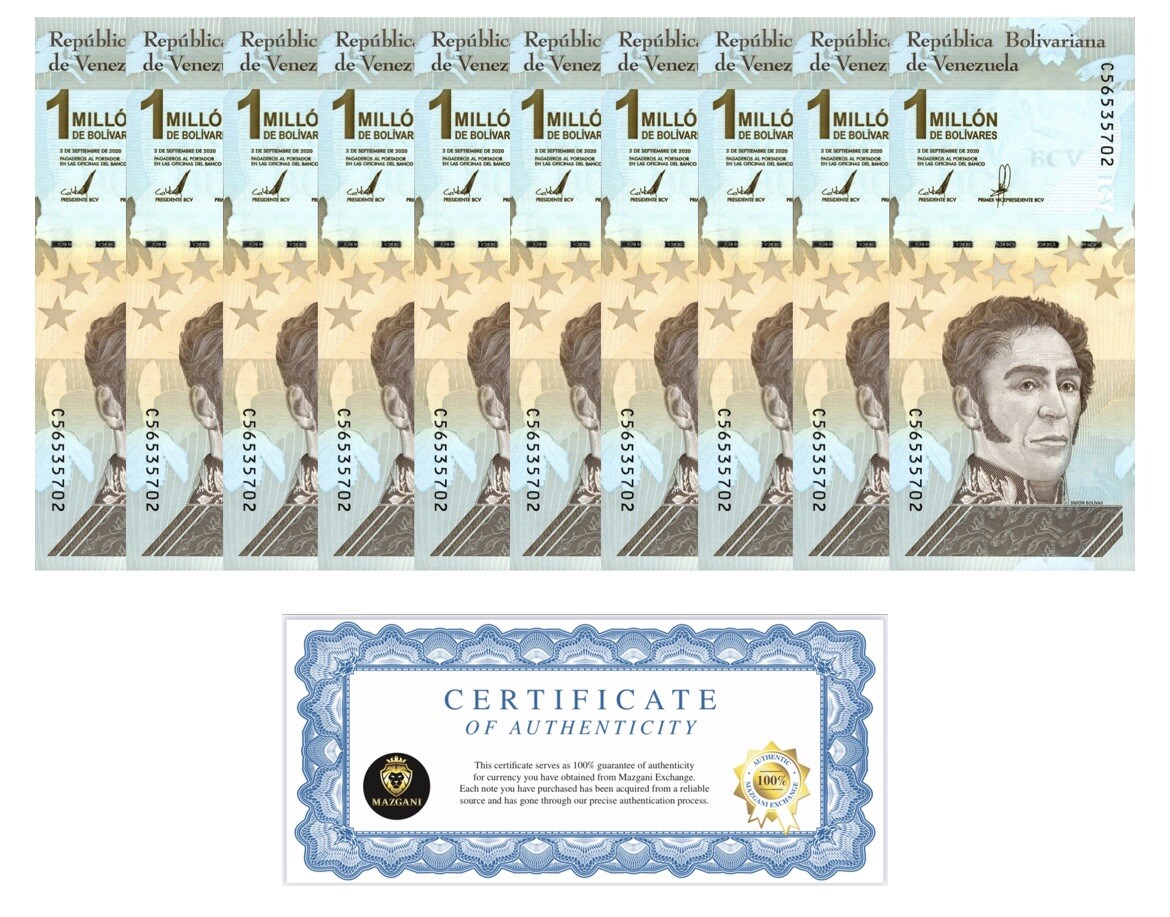 Venezuela 1 Million (1,000,000) Bolivar Soberano 2020 UNC X 10 PCS bundle New
