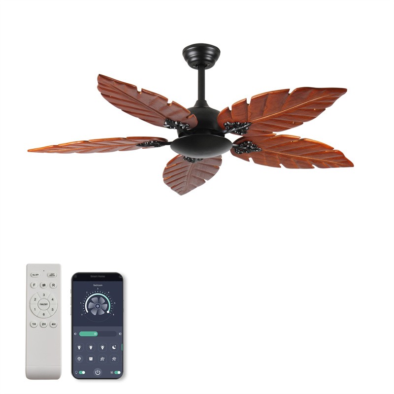 52" Tropical Ceiling Fan No Light 5 Solid Wood Palm Leaf Blade Reversible
