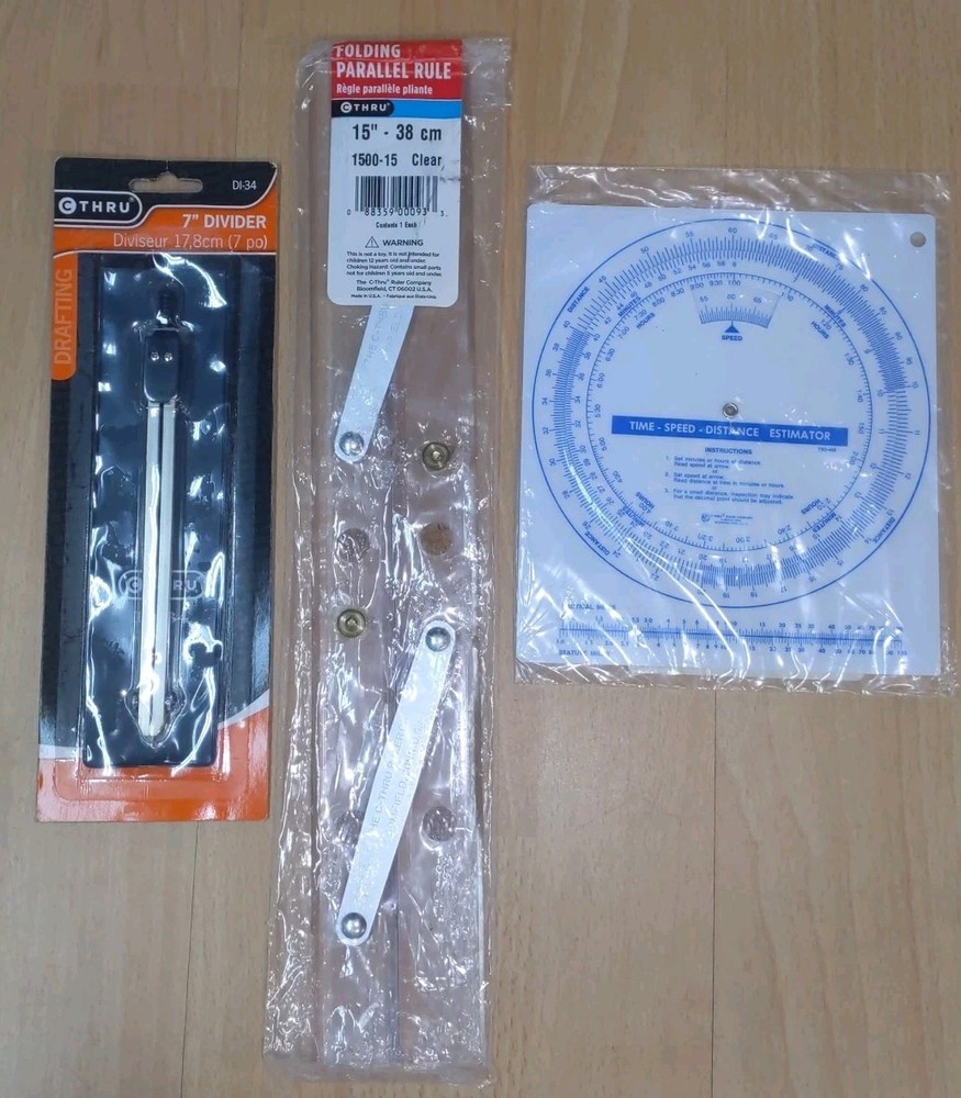 C-Thru Map Tool Lot- Folding Parallel Rule 15in- Time Speed Distance- 7" Divider