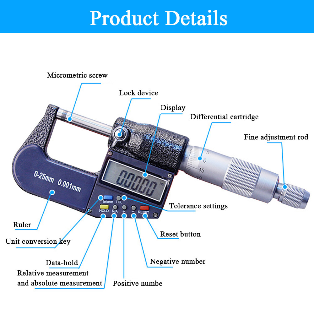 7 Key Digital Electronic Outside Micrometer Caliper 0-25mm/0-1" 0.00005"/0.001mm
