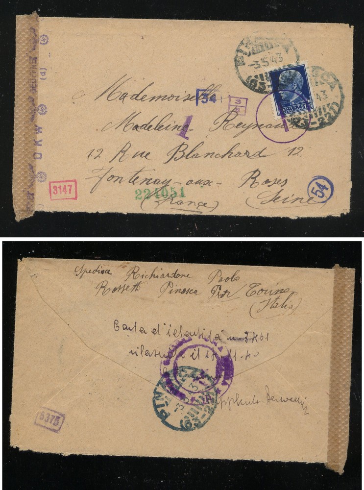 Italy  censor cover  1943  nice markings           KEL0412